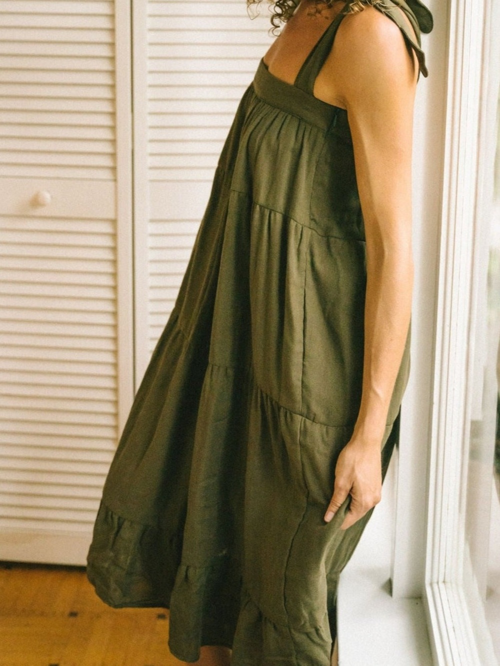 Jackson Rowe Olive Green Tie-Shoulder Tiered Midi Dress